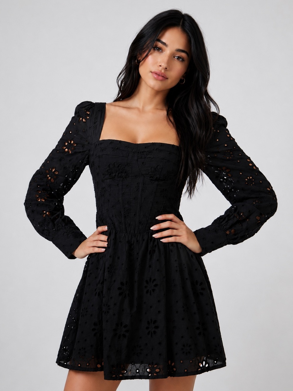 Forever 21 Black Eyelet Long-Sleeve Mini Dress